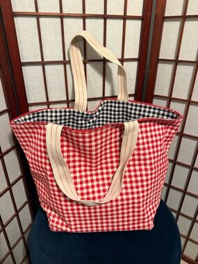 Spacious Reversible Canvas Tote Handbag -  Red & Navy Gingham